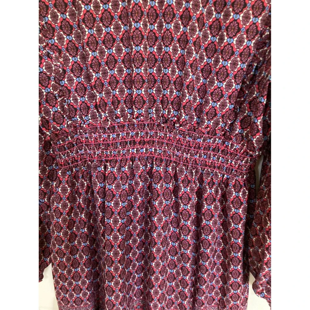 Max Studio London Burgundy Floral Geometric Tiered Maxi Dress XL Long Sleeve